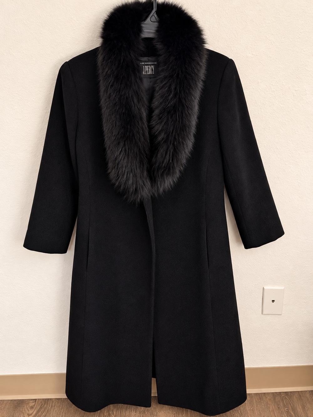 Vintage J. Percy Black 100% Wool Coat w/ Real Fox Fur Collar Size 10